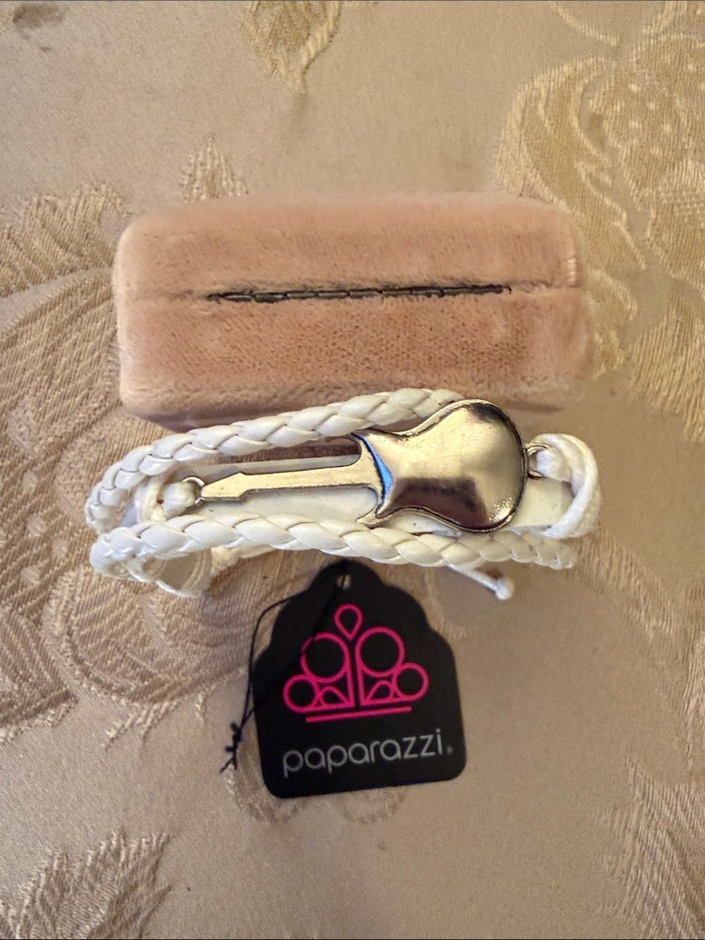 paparazzi White Braided Faux-Leather Wrap Bracelet with Silver Guitar Charm